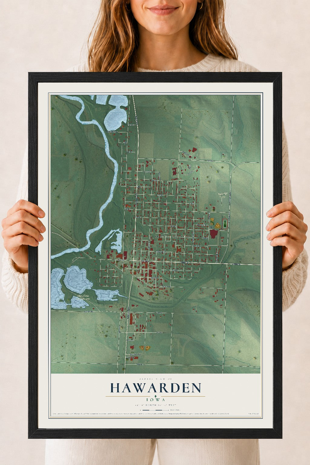 Map of Hawarden, Iowa, 18 x 24 inch print in a black wood frame