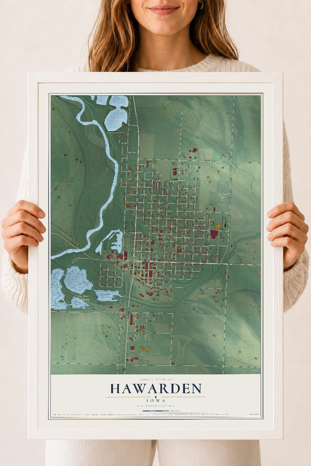 Map of Hawarden, Iowa, 18 x 24 inch print in a white wood frame