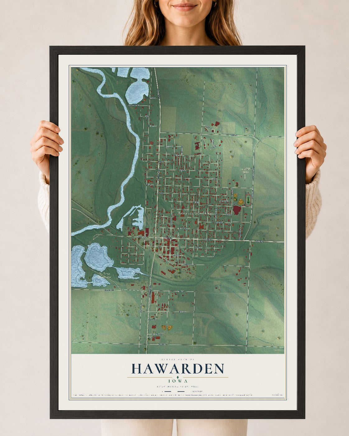Map of Hawarden, Iowa, 24 x 36 inch print in a black wood frame