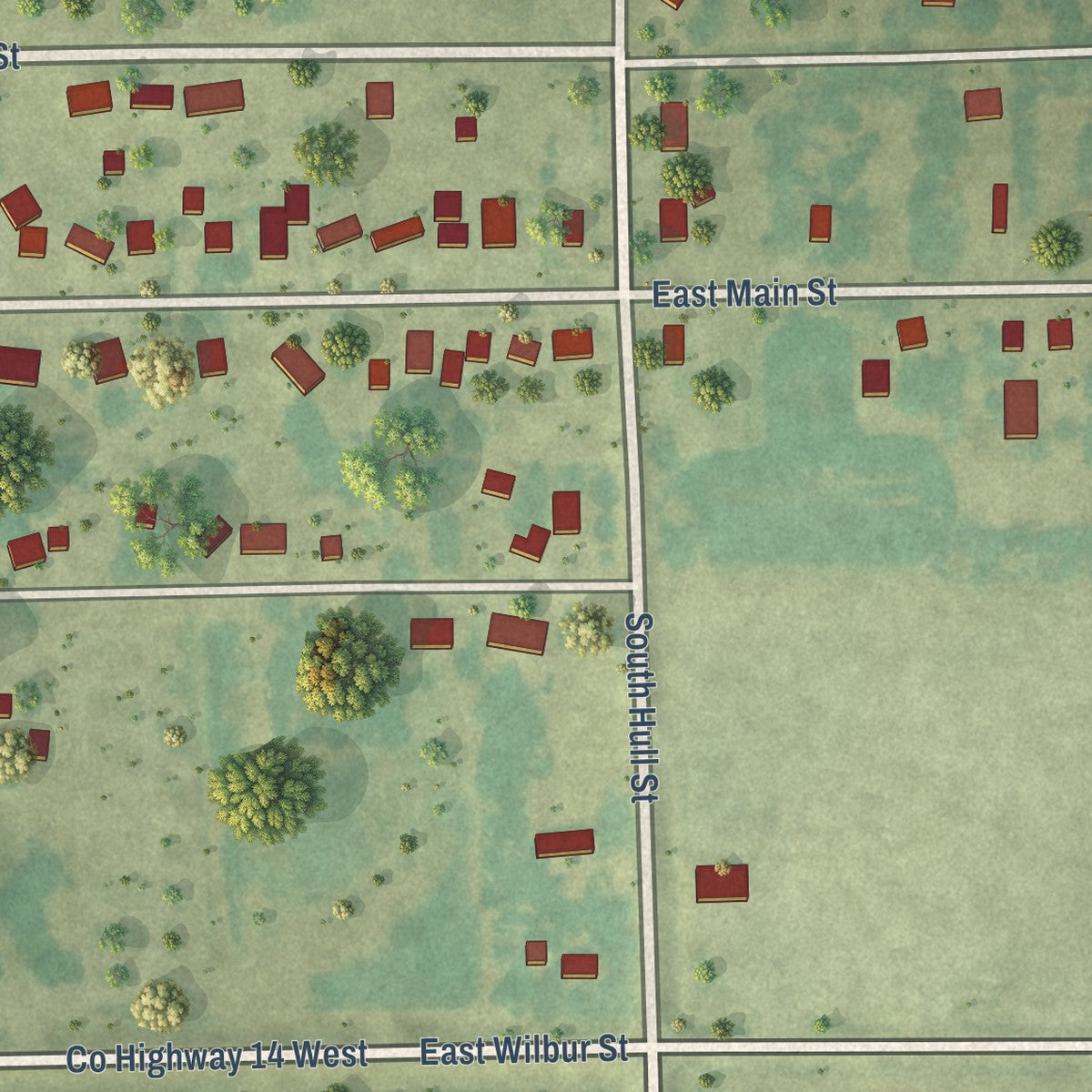 Second close-up of the map of Hawkeye, Iowa print showing more streets and buildings