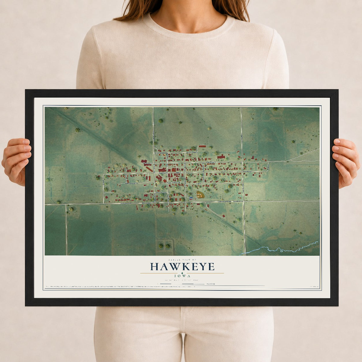 Map of Hawkeye, Iowa, 12 x 18 inch print in a black wood frame