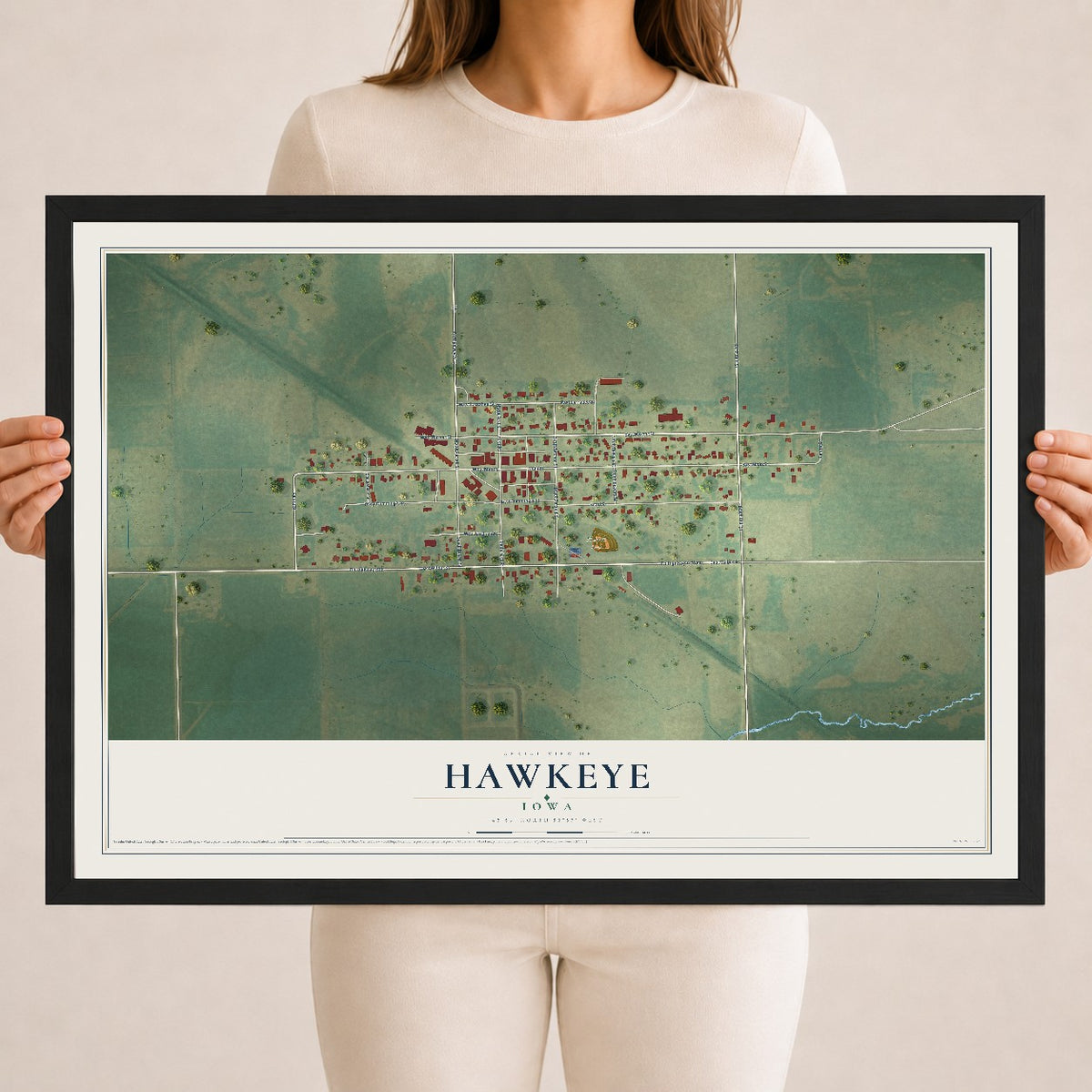 Map of Hawkeye, Iowa, 18 x 24 inch print in a black wood frame