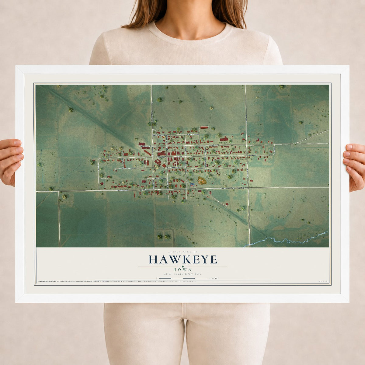 Map of Hawkeye, Iowa, 18 x 24 inch print in a white wood frame