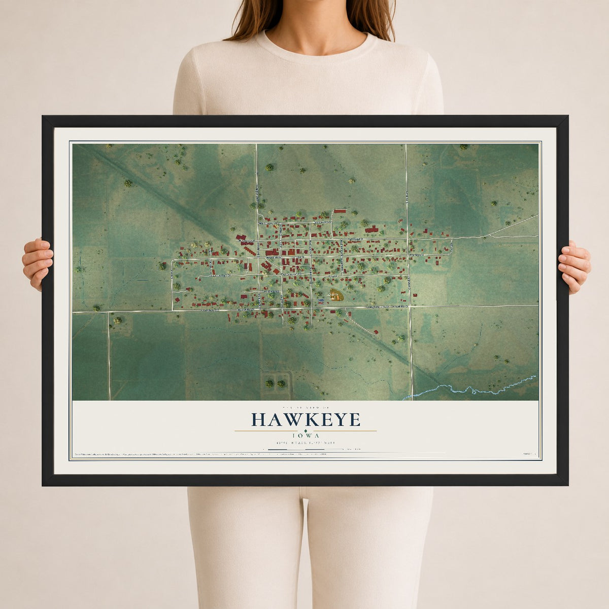 Map of Hawkeye, Iowa, 24 x 36 inch print in a black wood frame