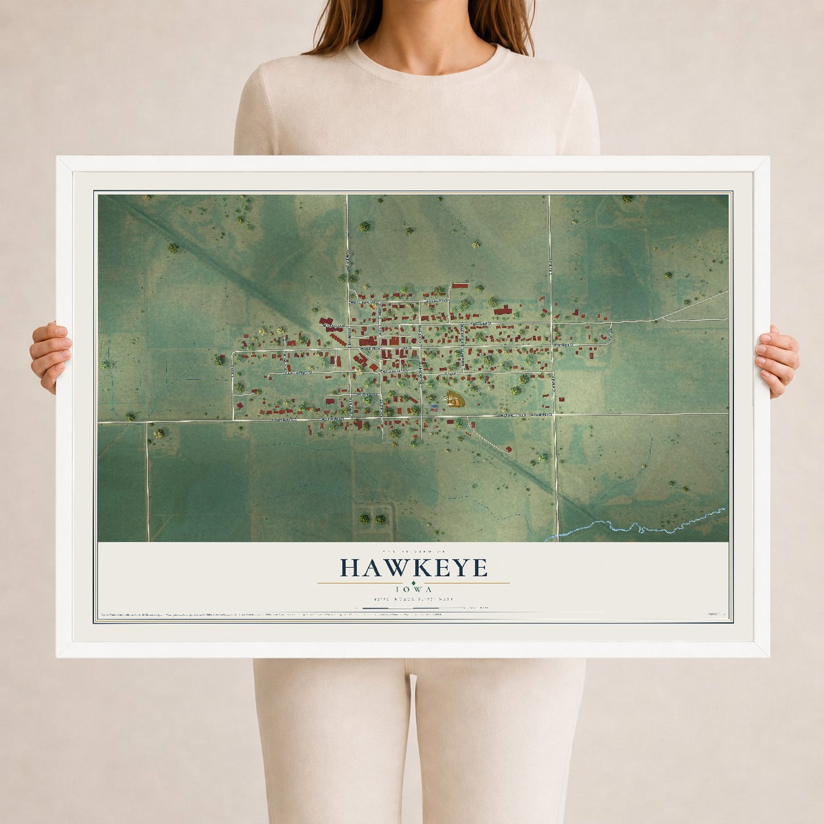 Map of Hawkeye, Iowa, 24 x 36 inch print in a white wood frame