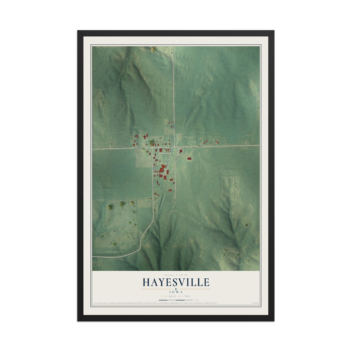 Map of Hayesville, Iowa, 12 x 18 inch print in a black wood frame
