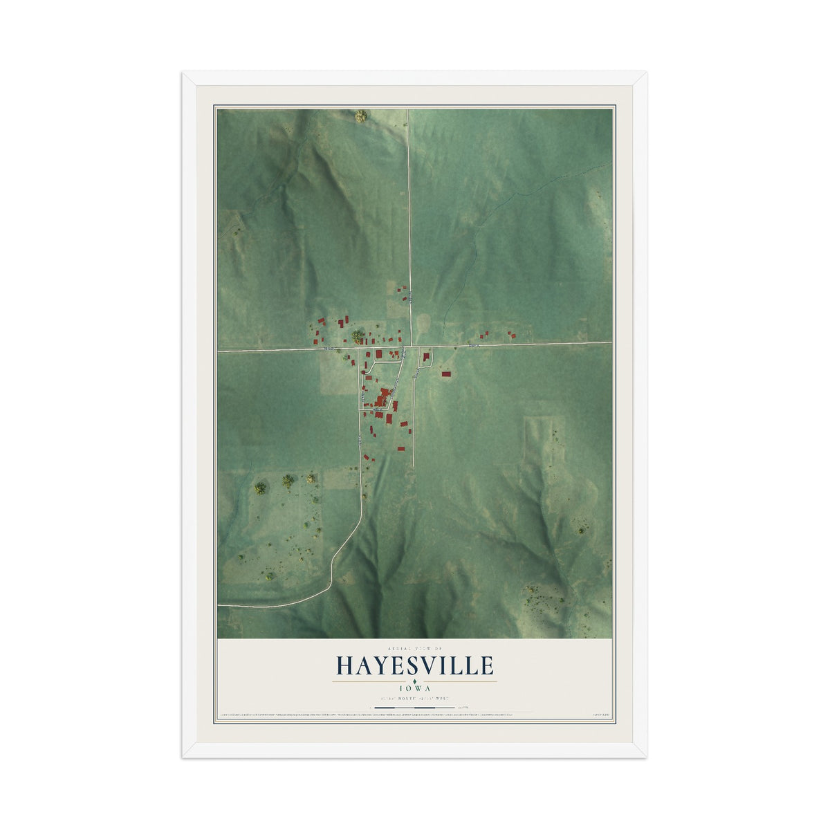 Map of Hayesville, Iowa, 12 x 18 inch print in a white wood frame