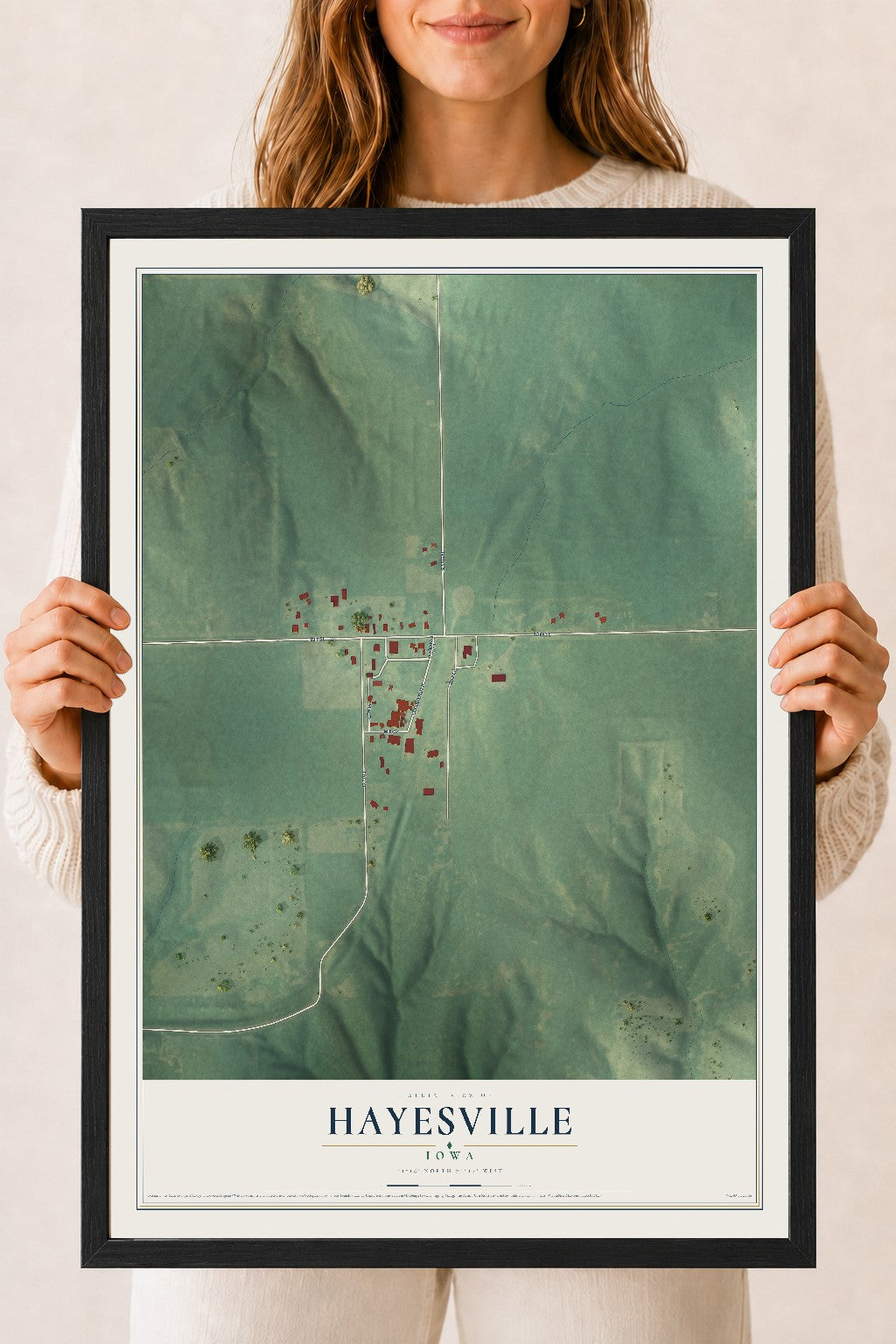 Map of Hayesville, Iowa, 18 x 24 inch print in a black wood frame