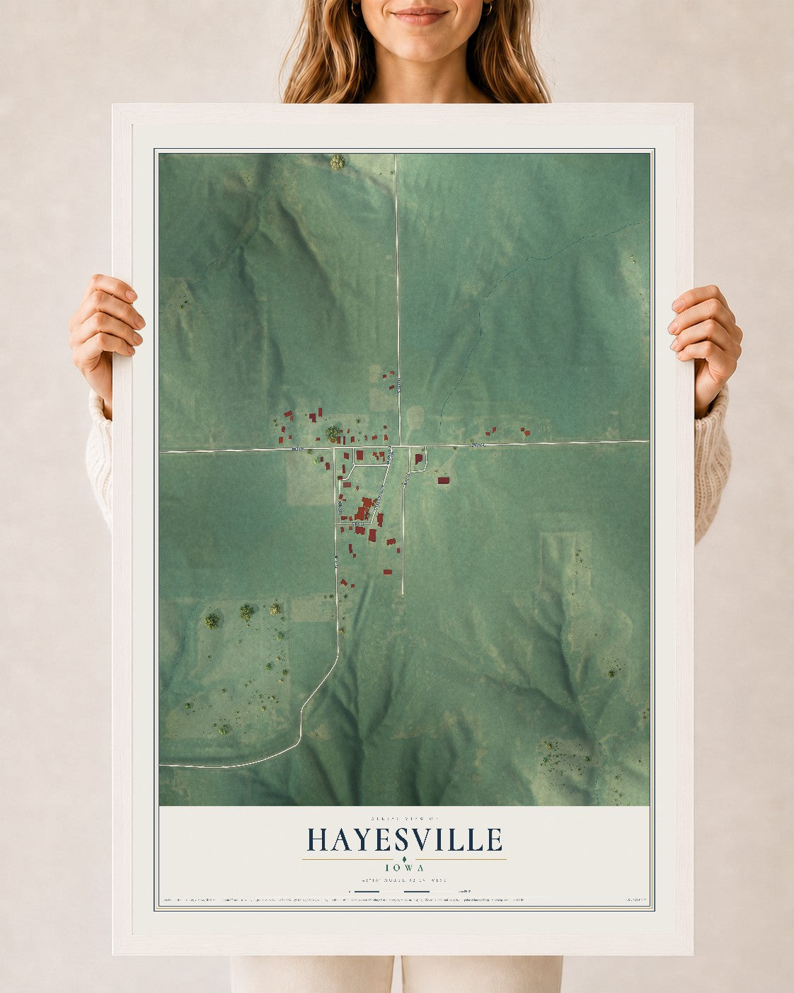 Map of Hayesville, Iowa, 24 x 36 inch print in a white wood frame
