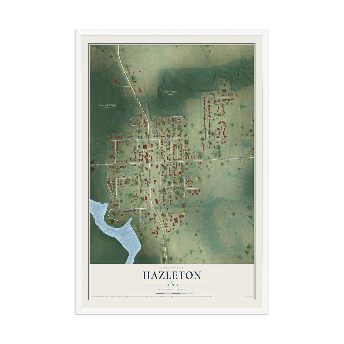 Map of Hazleton, Iowa, 12 x 18 inch print in a white wood frame