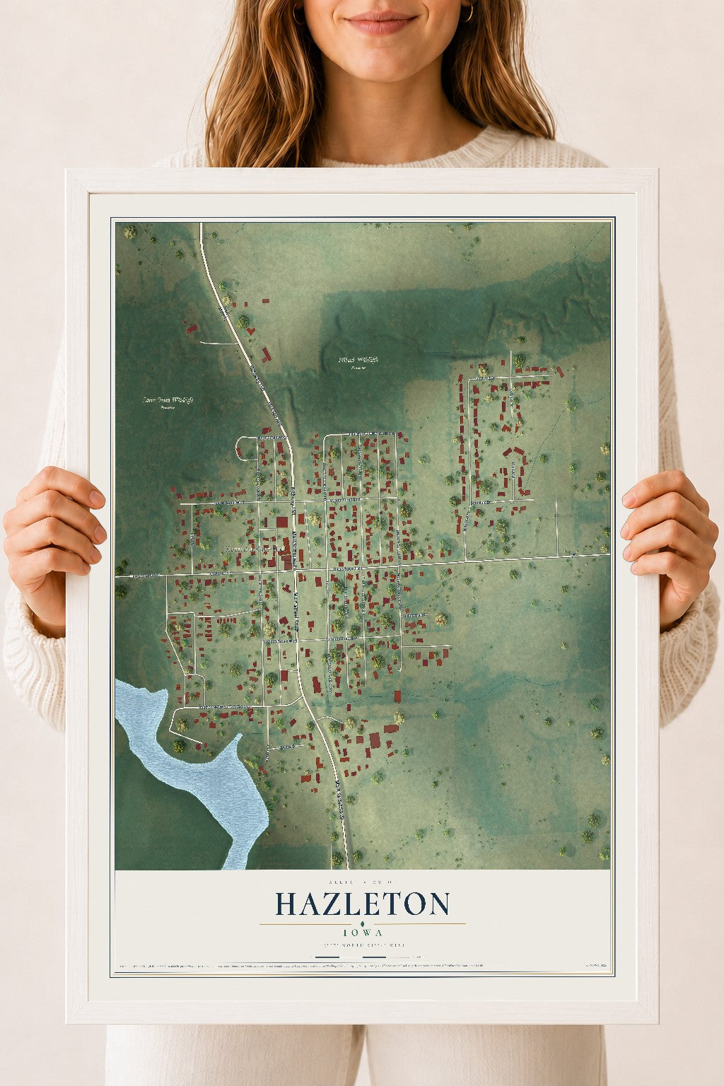 Map of Hazleton, Iowa, 18 x 24 inch print in a white wood frame
