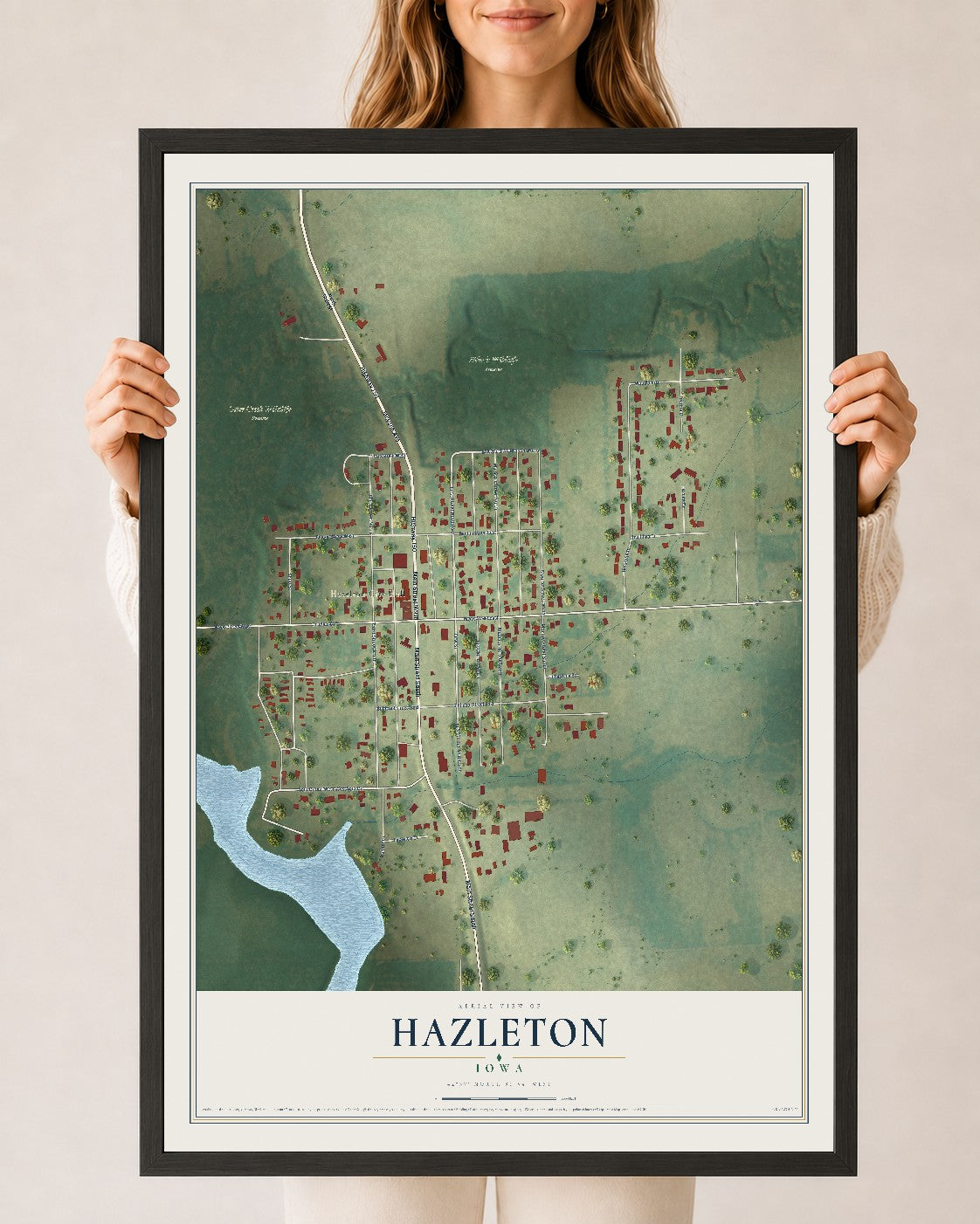 Map of Hazleton, Iowa, 24 x 36 inch print in a black wood frame