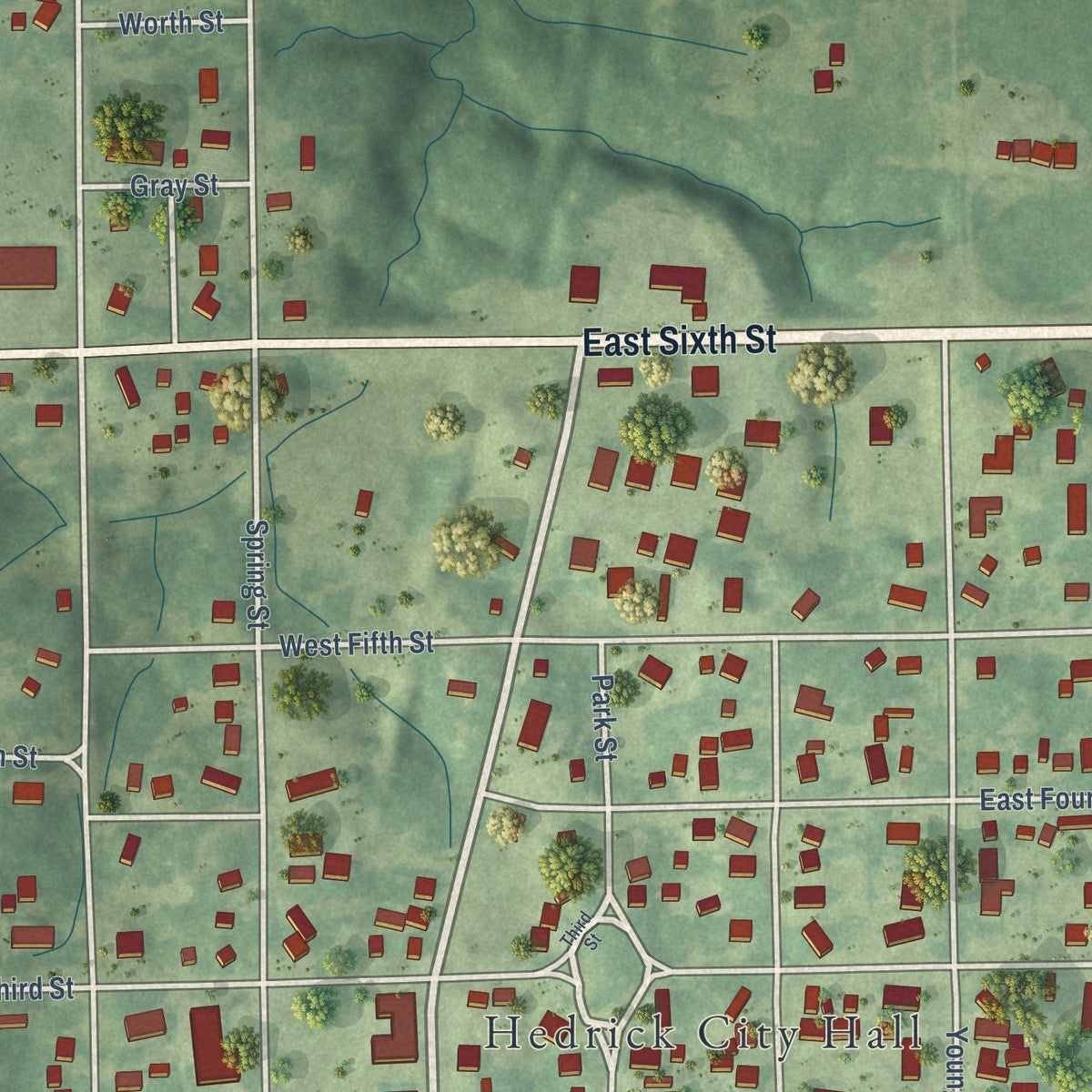 Close-up of the map of Hedrick, Iowa print showing street and building detail