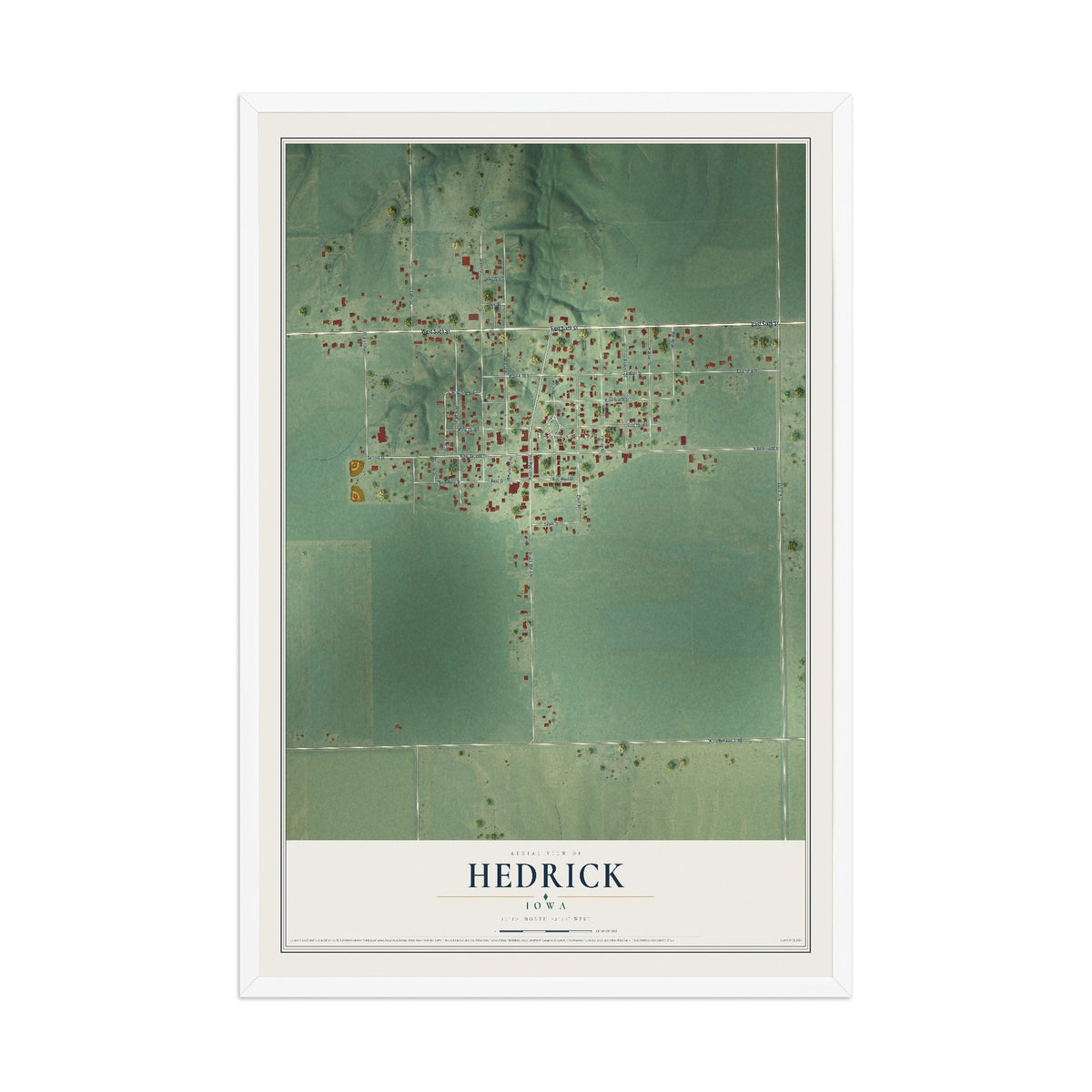 Map of Hedrick, Iowa, 12 x 18 inch print in a white wood frame