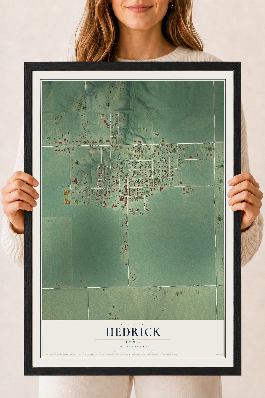 Map of Hedrick, Iowa, 18 x 24 inch print in a black wood frame