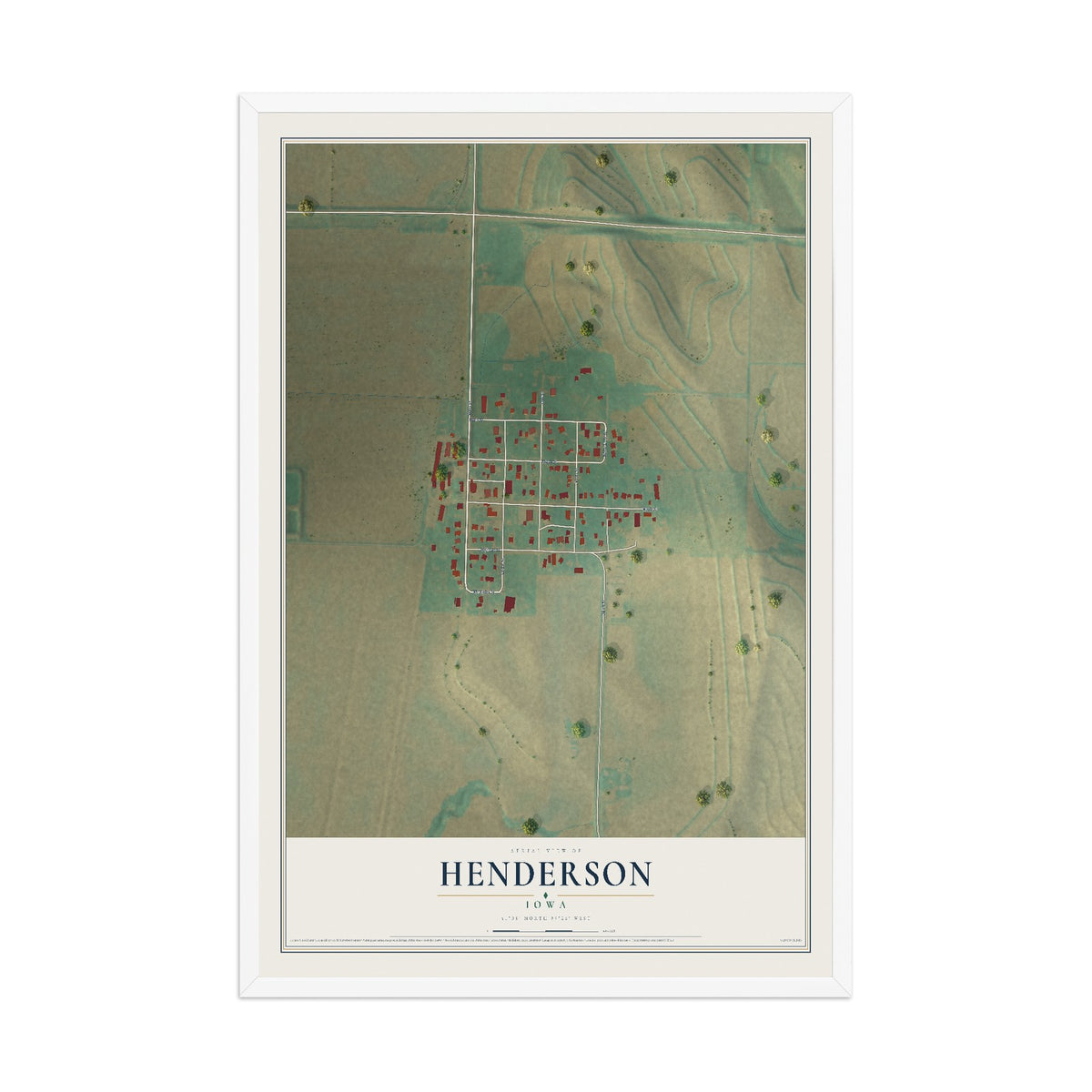 Map of Henderson, Iowa, 12 x 18 inch print in a white wood frame
