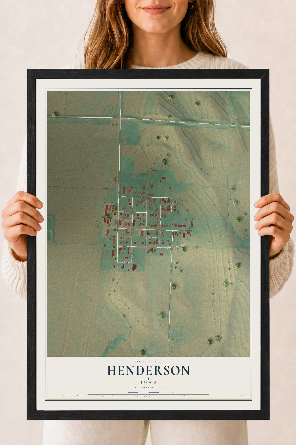 Map of Henderson, Iowa, 18 x 24 inch print in a black wood frame