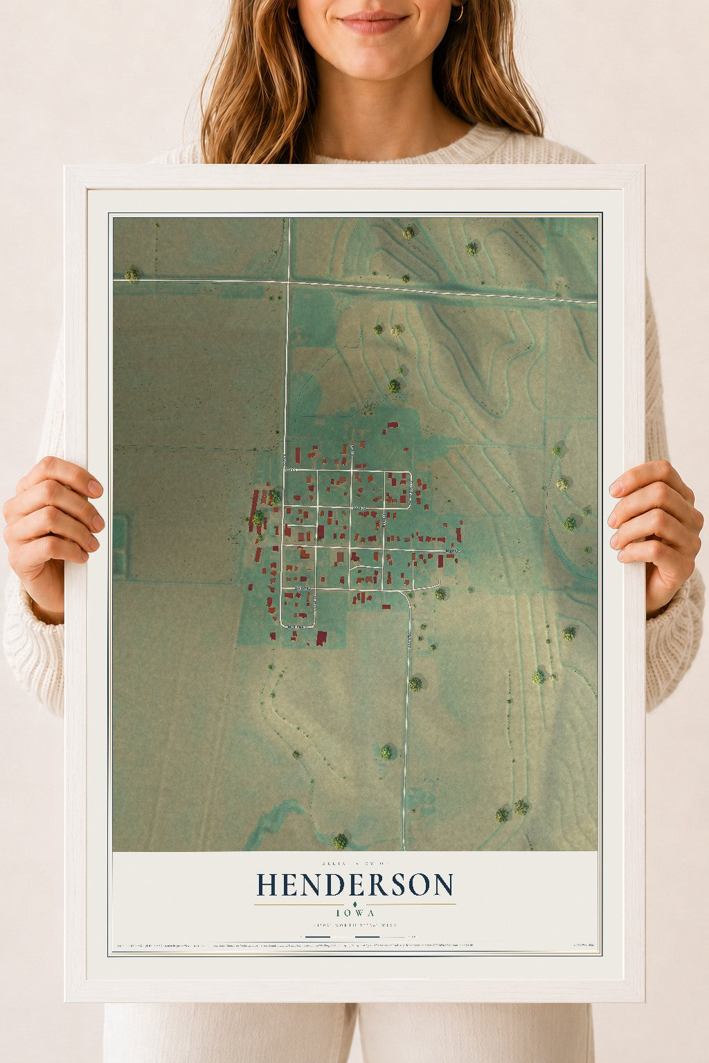 Map of Henderson, Iowa, 18 x 24 inch print in a white wood frame