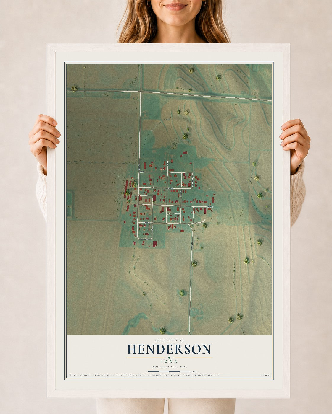 Map of Henderson, Iowa, 24 x 36 inch print in a white wood frame