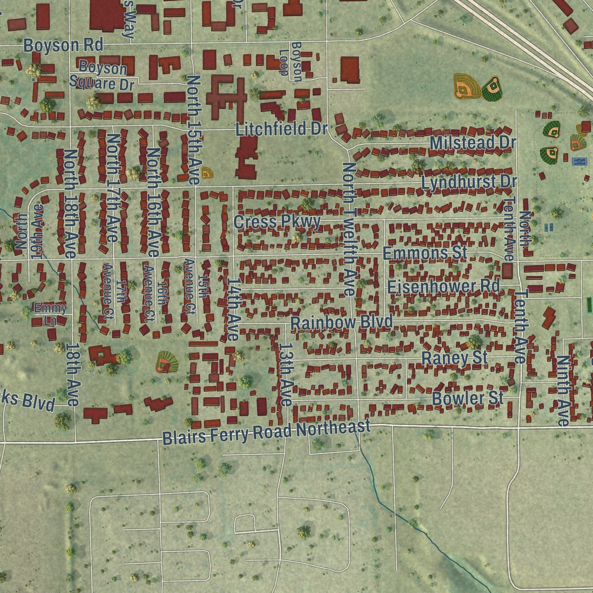 Close-up of the map of Hiawatha, Iowa print showing street and building detail