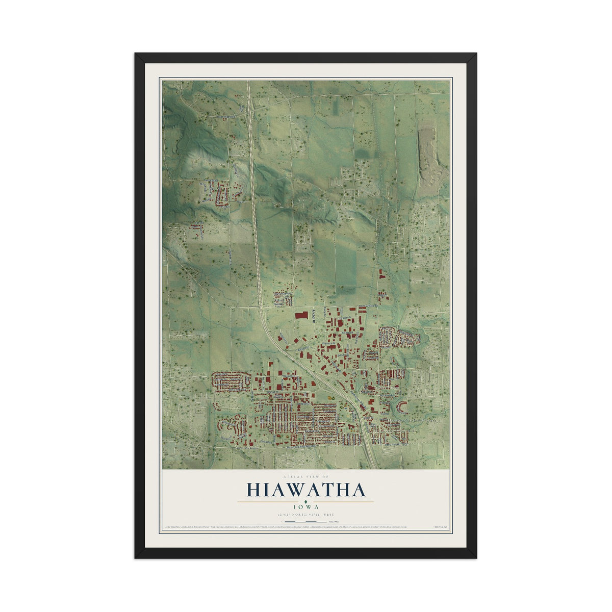 Map of Hiawatha, Iowa, 12 x 18 inch print in a black wood frame
