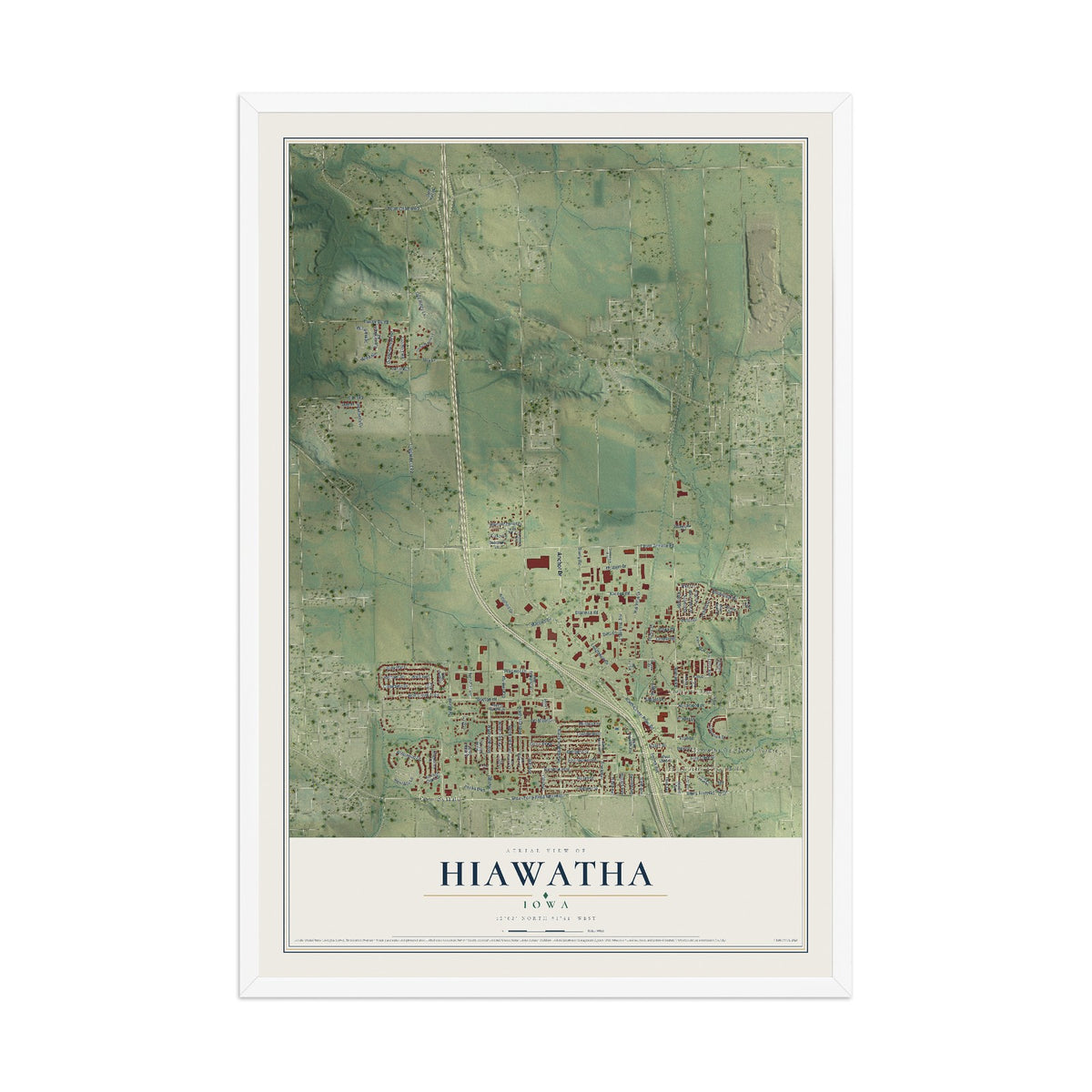 Map of Hiawatha, Iowa, 12 x 18 inch print in a white wood frame
