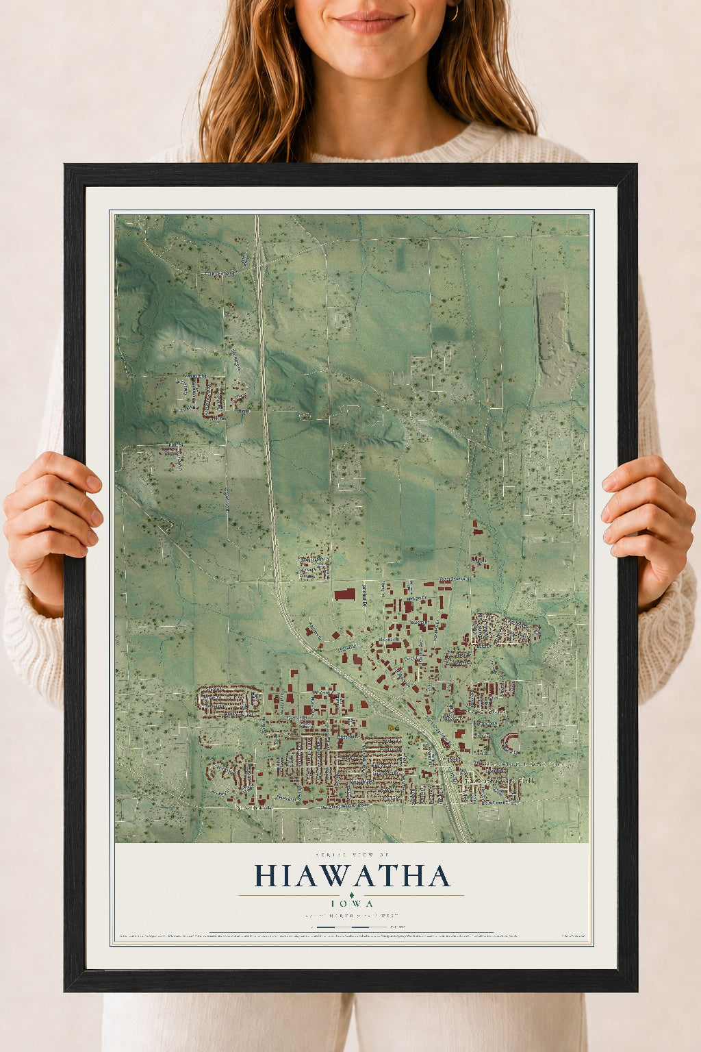 Map of Hiawatha, Iowa, 18 x 24 inch print in a black wood frame