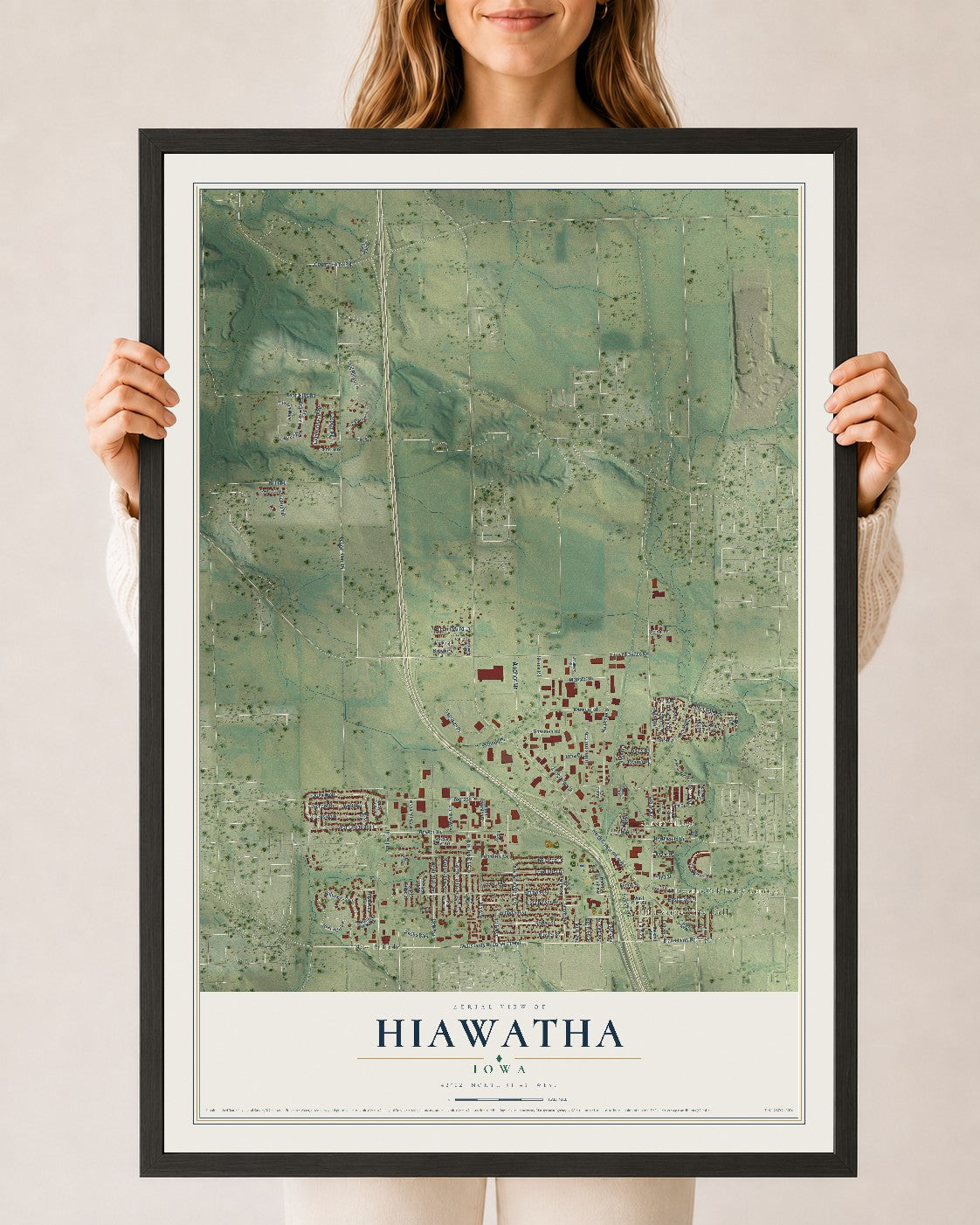 Map of Hiawatha, Iowa, 24 x 36 inch print in a black wood frame