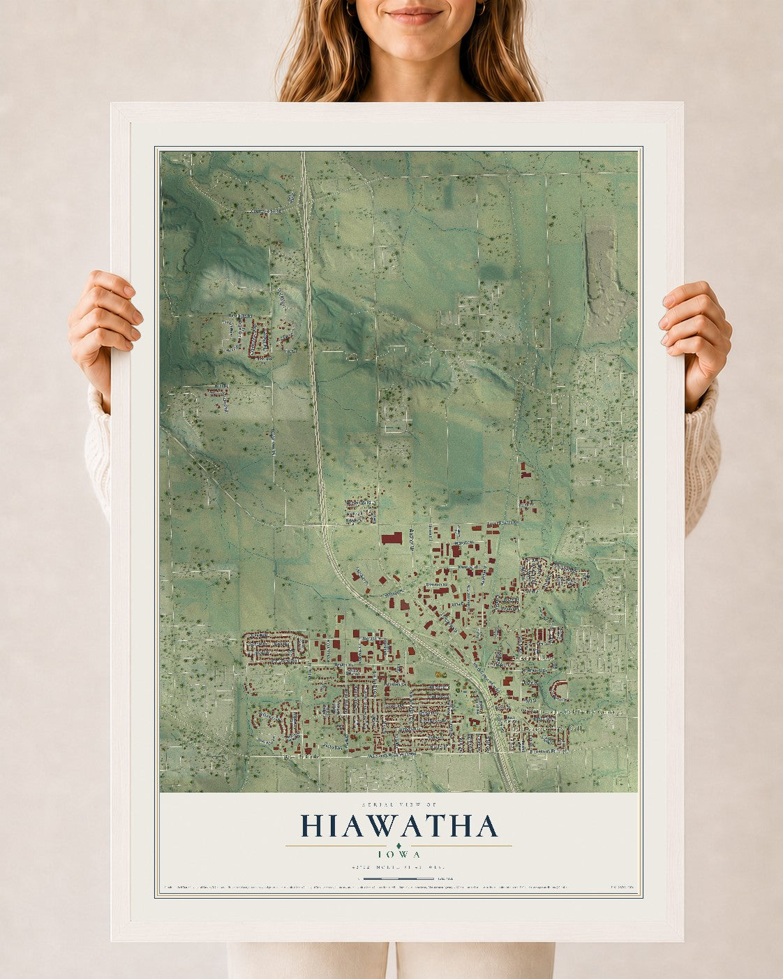 Map of Hiawatha, Iowa, 24 x 36 inch print in a white wood frame