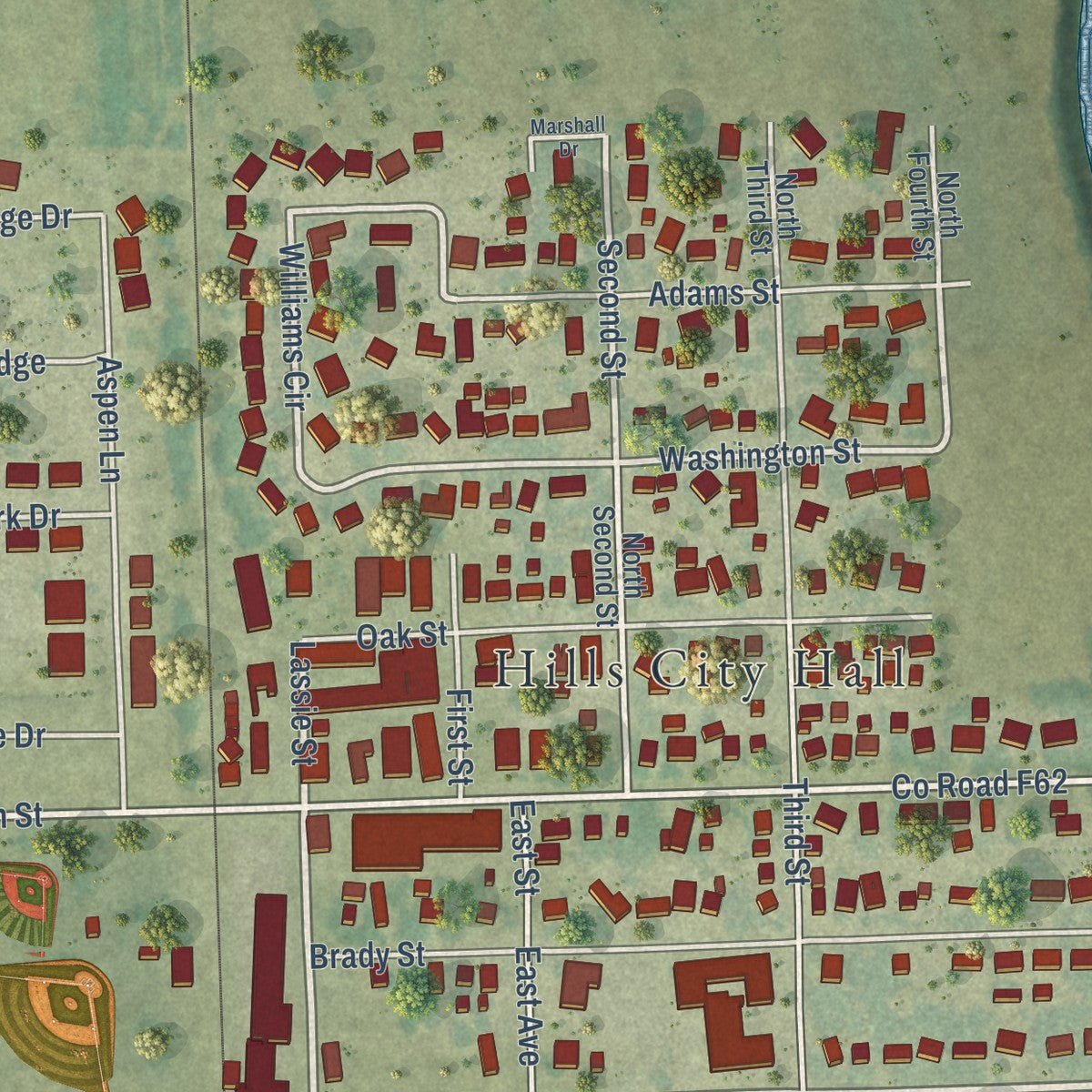Close-up of the map of Hills, Iowa print showing street and building detail
