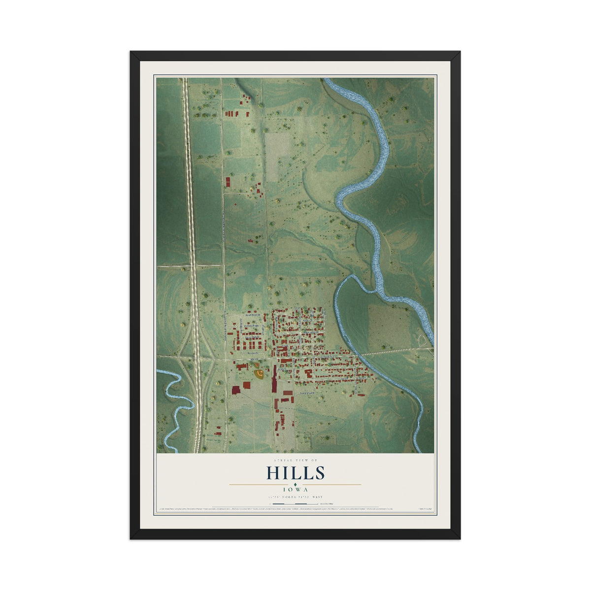 Map of Hills, Iowa, 12 x 18 inch print in a black wood frame
