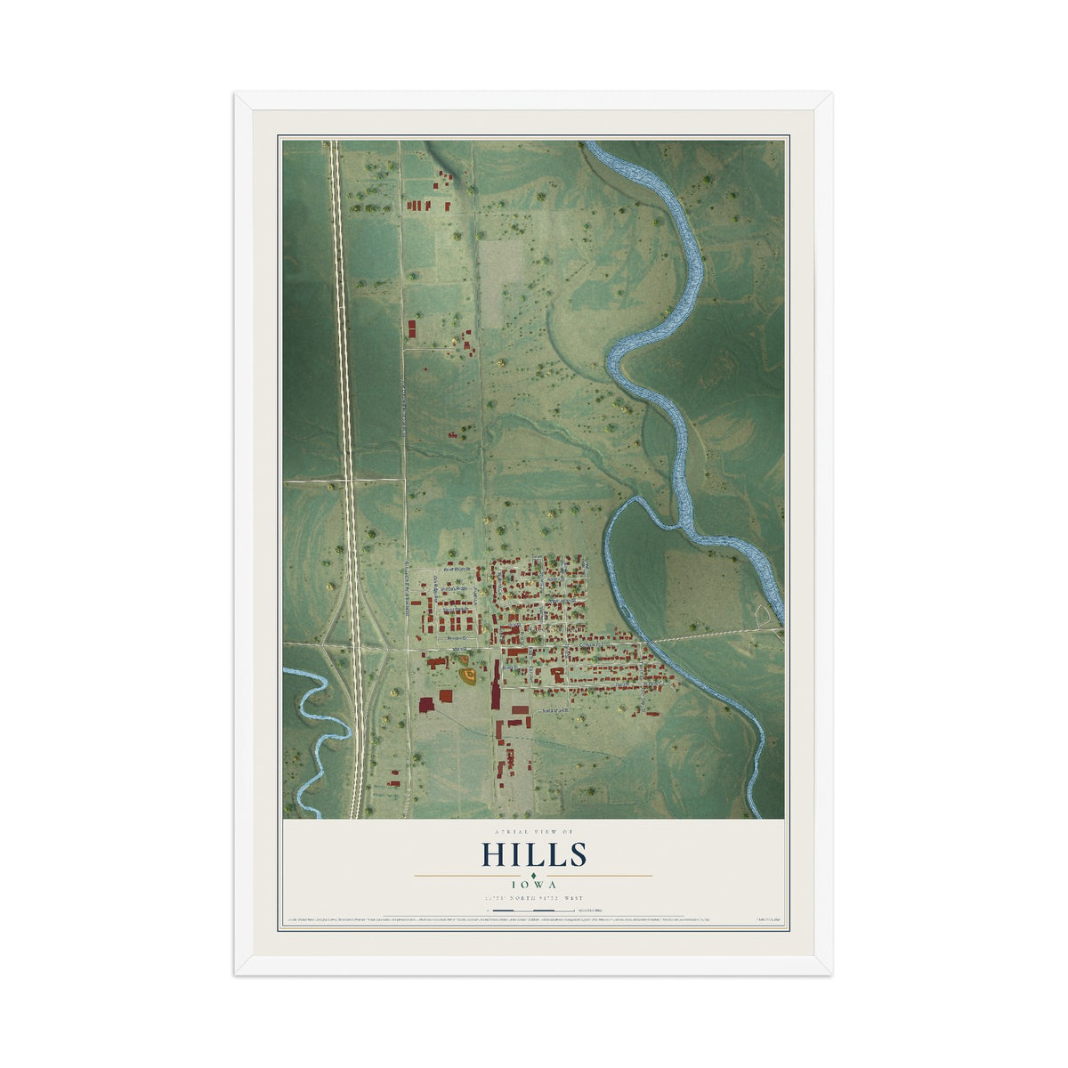 Map of Hills, Iowa, 12 x 18 inch print in a white wood frame
