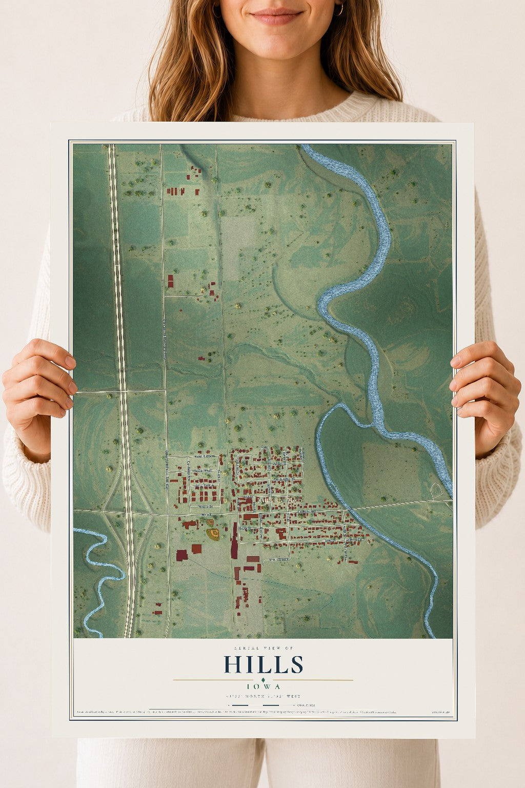 Map of Hills, Iowa, 18 x 24 inch unframed archival matte print
