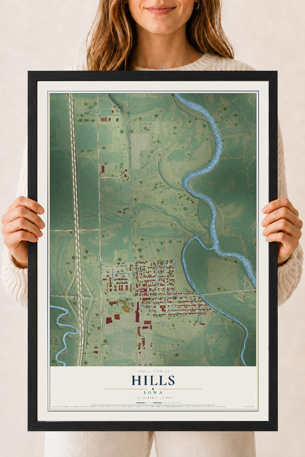 Map of Hills, Iowa, 18 x 24 inch print in a black wood frame