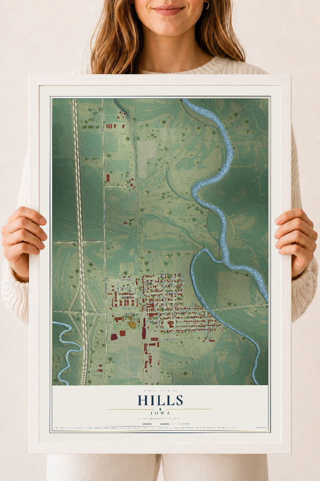 Map of Hills, Iowa, 18 x 24 inch print in a white wood frame