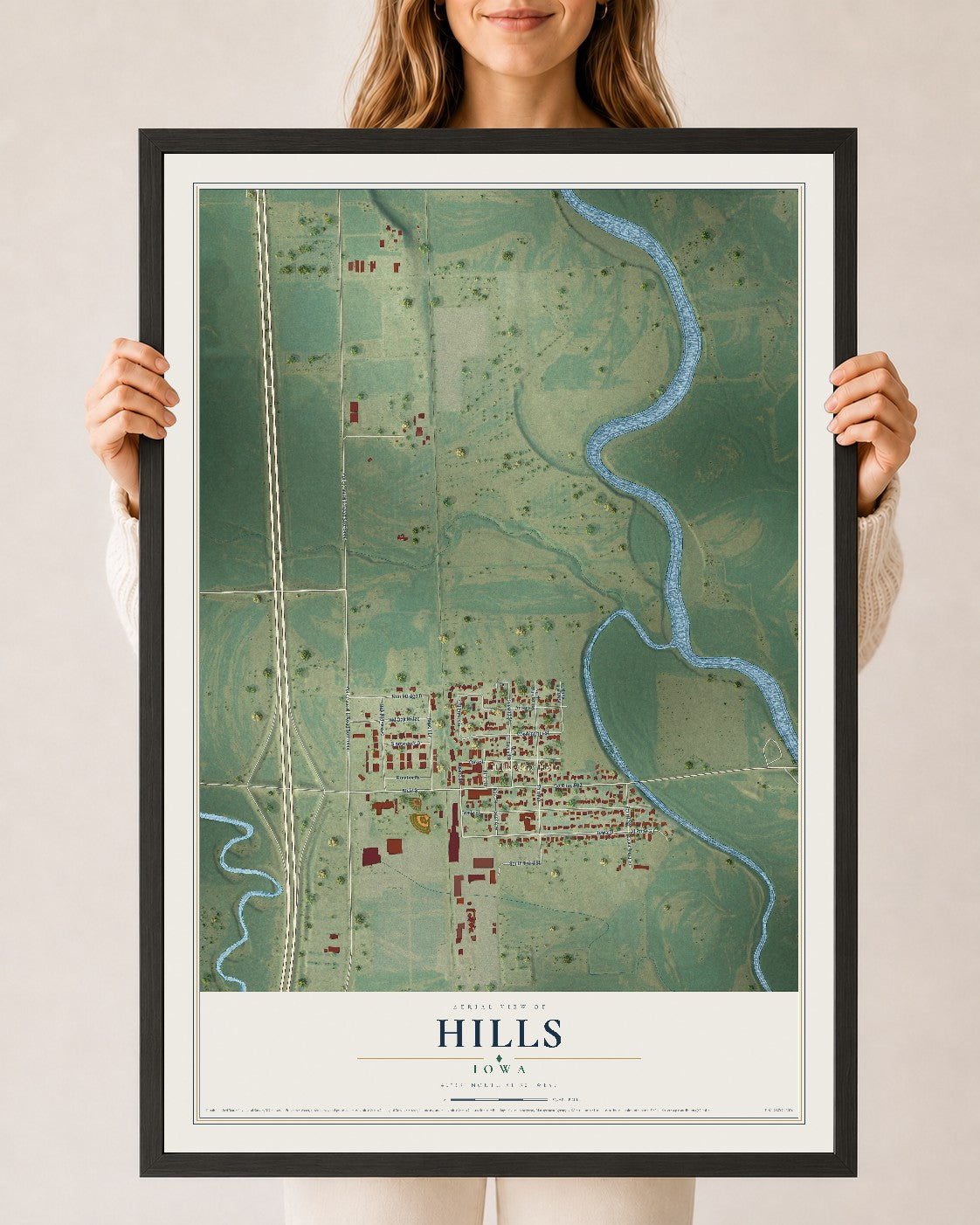 Map of Hills, Iowa, 24 x 36 inch print in a black wood frame
