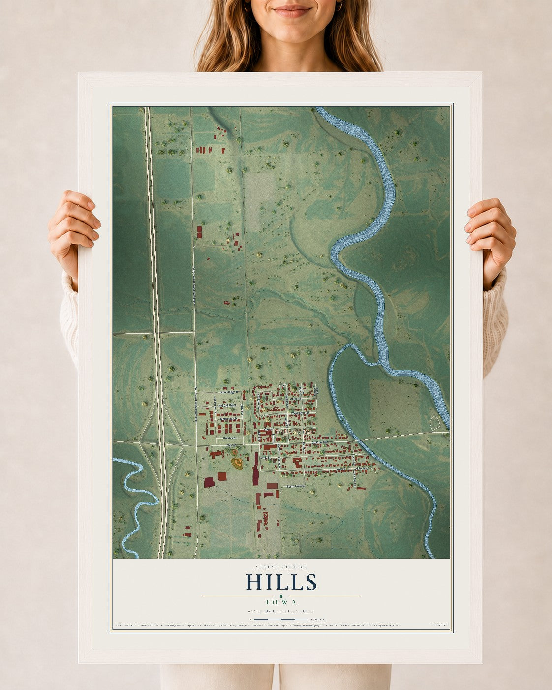 Map of Hills, Iowa, 24 x 36 inch print in a white wood frame
