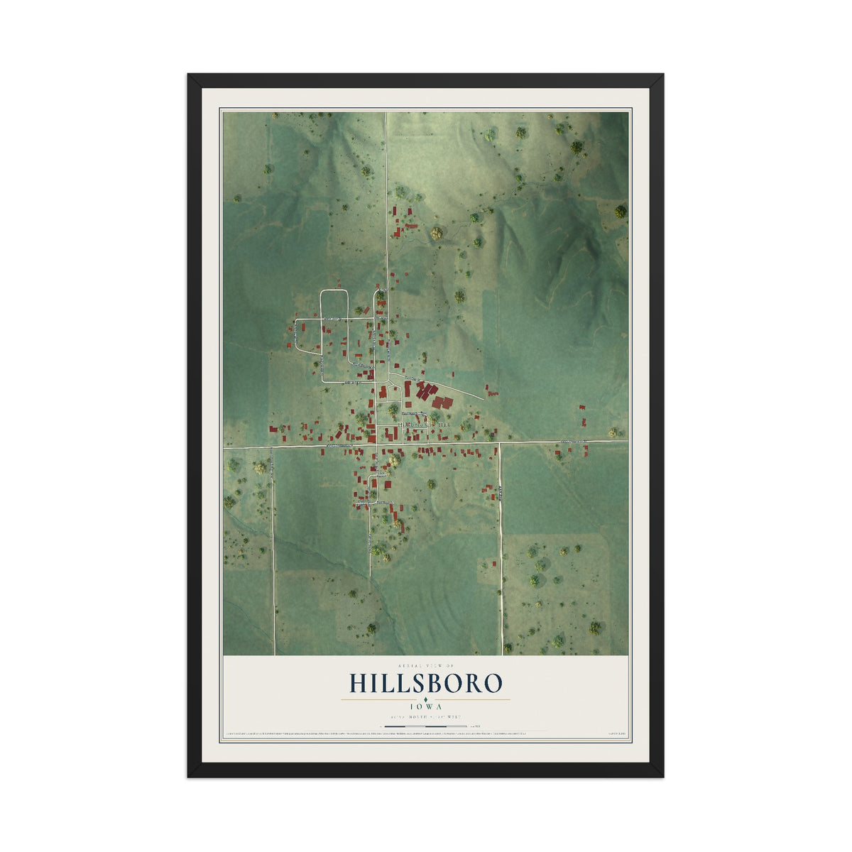 Map of Hillsboro, Iowa, 12 x 18 inch print in a black wood frame