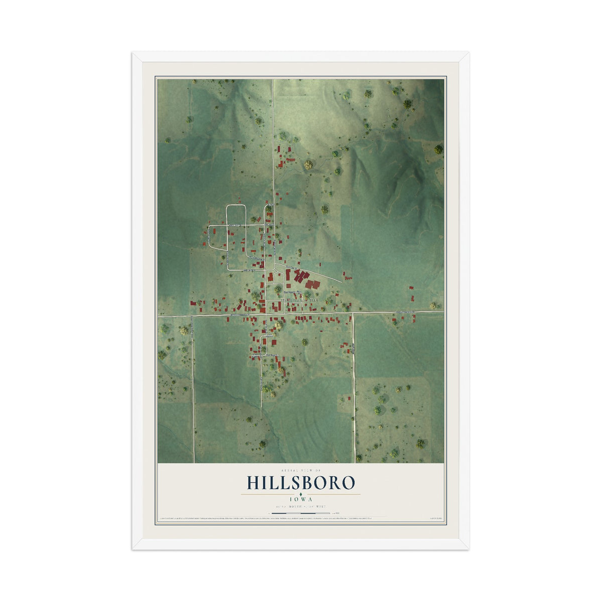 Map of Hillsboro, Iowa, 12 x 18 inch print in a white wood frame