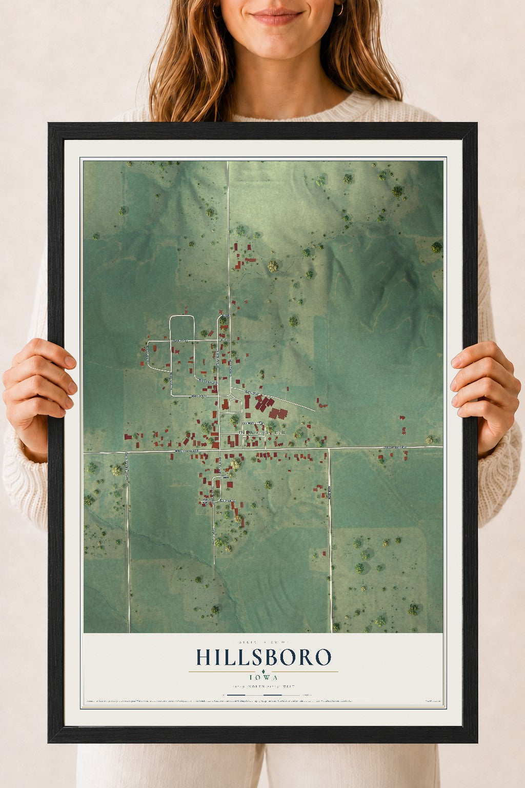 Map of Hillsboro, Iowa, 18 x 24 inch print in a black wood frame