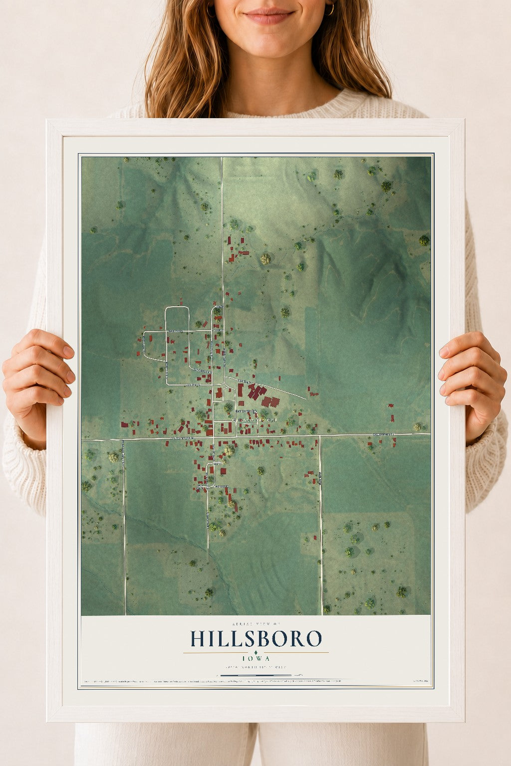 Map of Hillsboro, Iowa, 18 x 24 inch print in a white wood frame