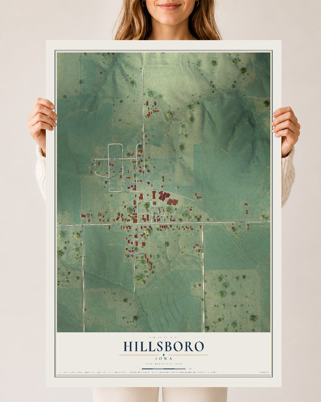 Map of Hillsboro, Iowa, 24 x 36 inch unframed archival matte print