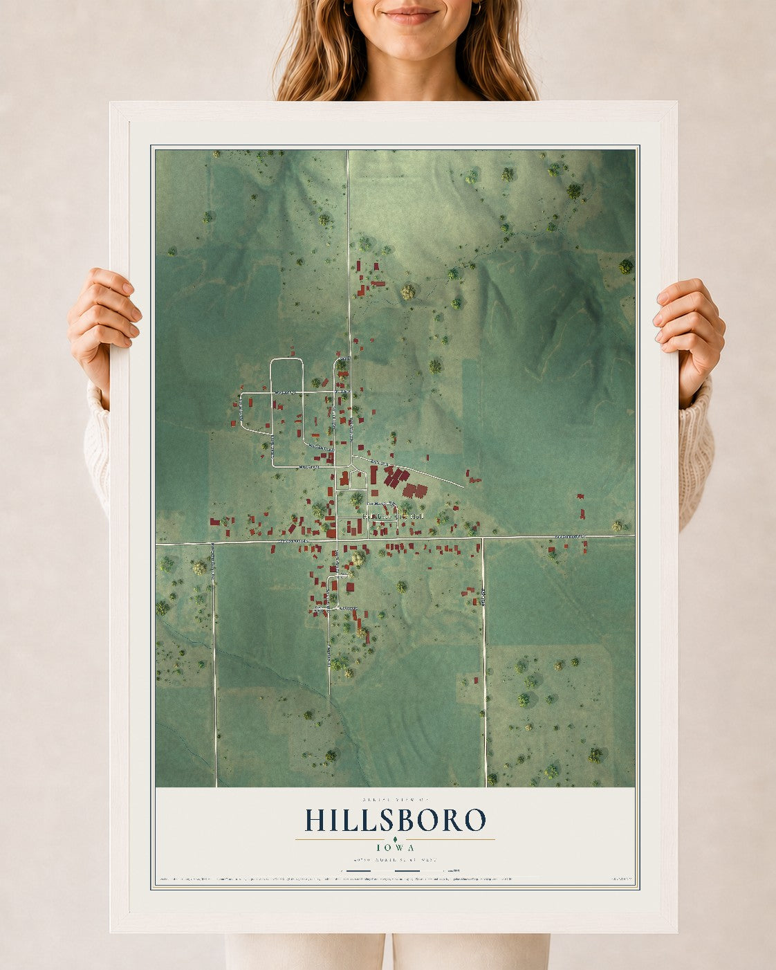 Map of Hillsboro, Iowa, 24 x 36 inch print in a white wood frame