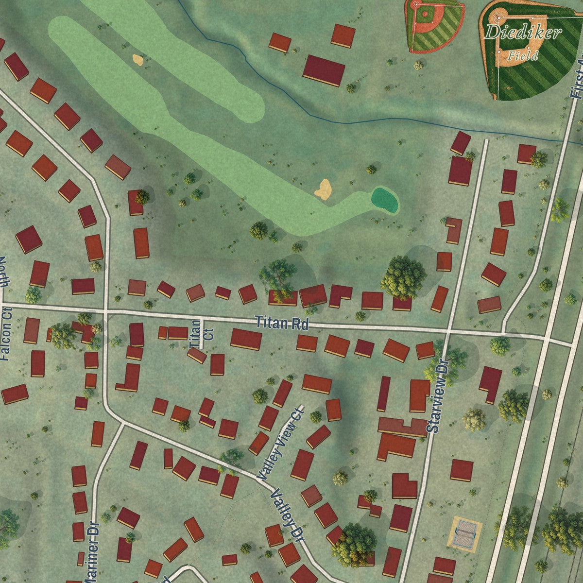 Close-up of the map of Hinton, Iowa print showing street and building detail