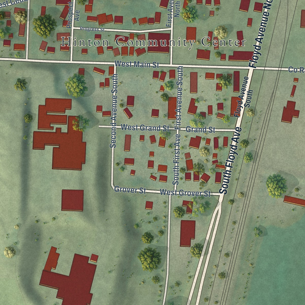 Second close-up of the map of Hinton, Iowa print showing more streets and buildings