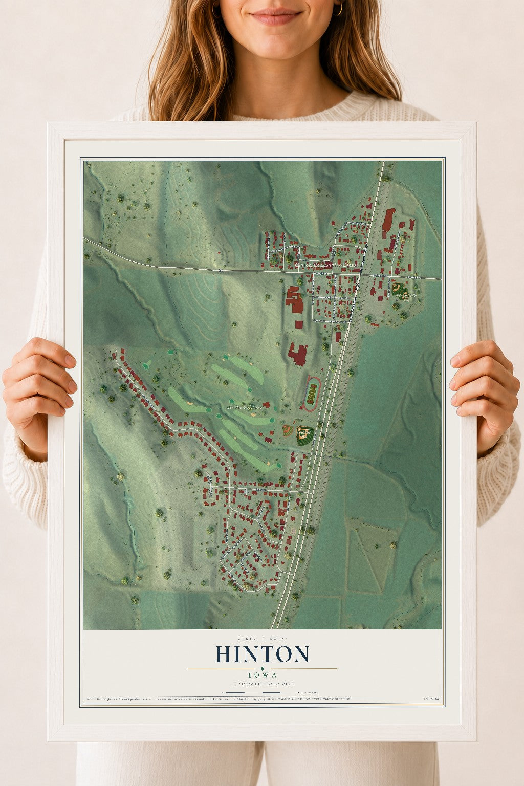 Map of Hinton, Iowa, 18 x 24 inch print in a white wood frame
