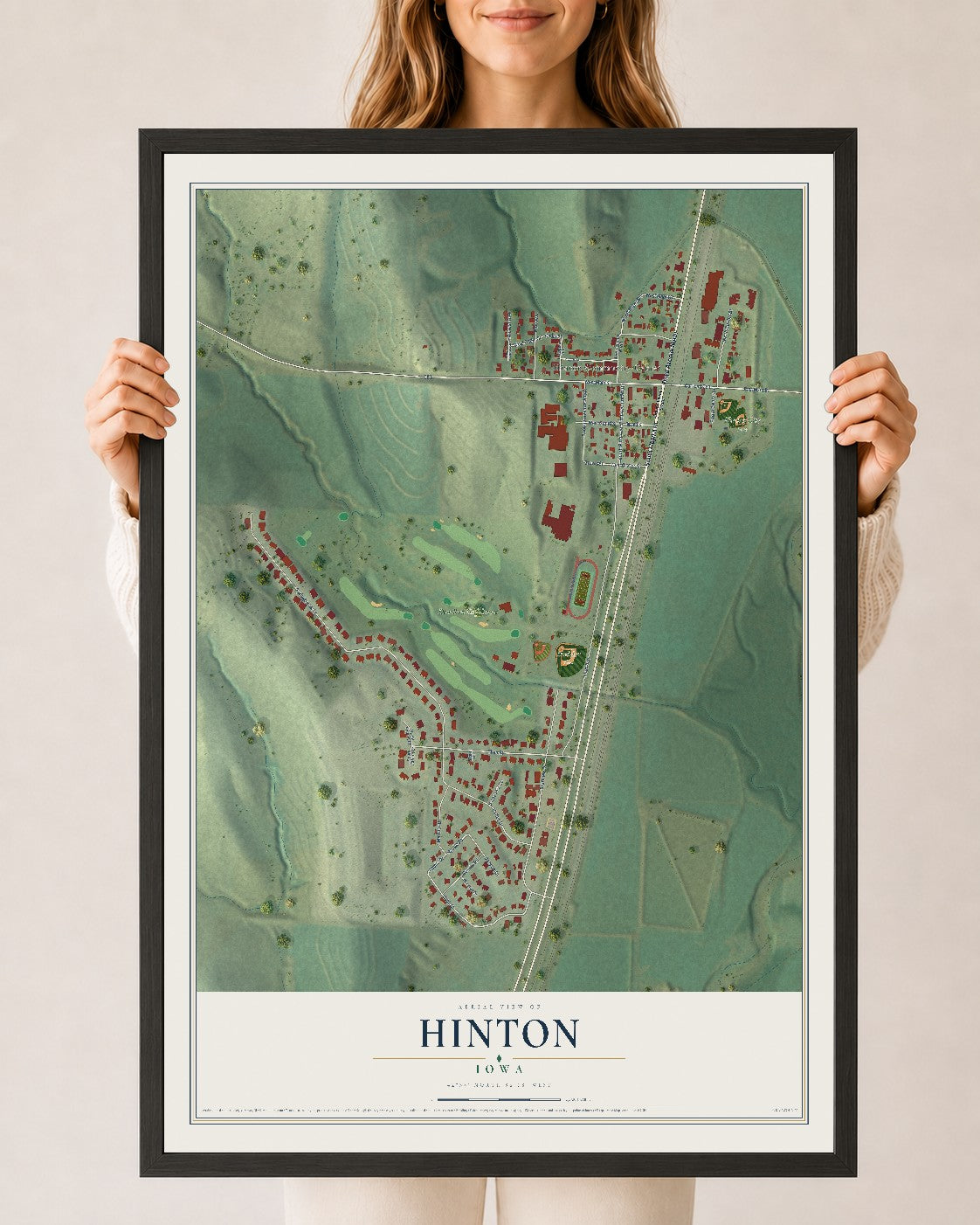 Map of Hinton, Iowa, 24 x 36 inch print in a black wood frame