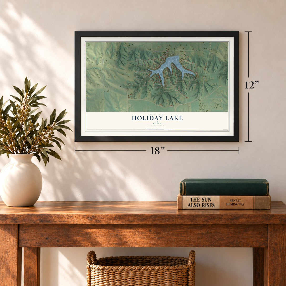 Holiday Lake, Iowa map, 12 x 18 inch print in a black frame in an entryway