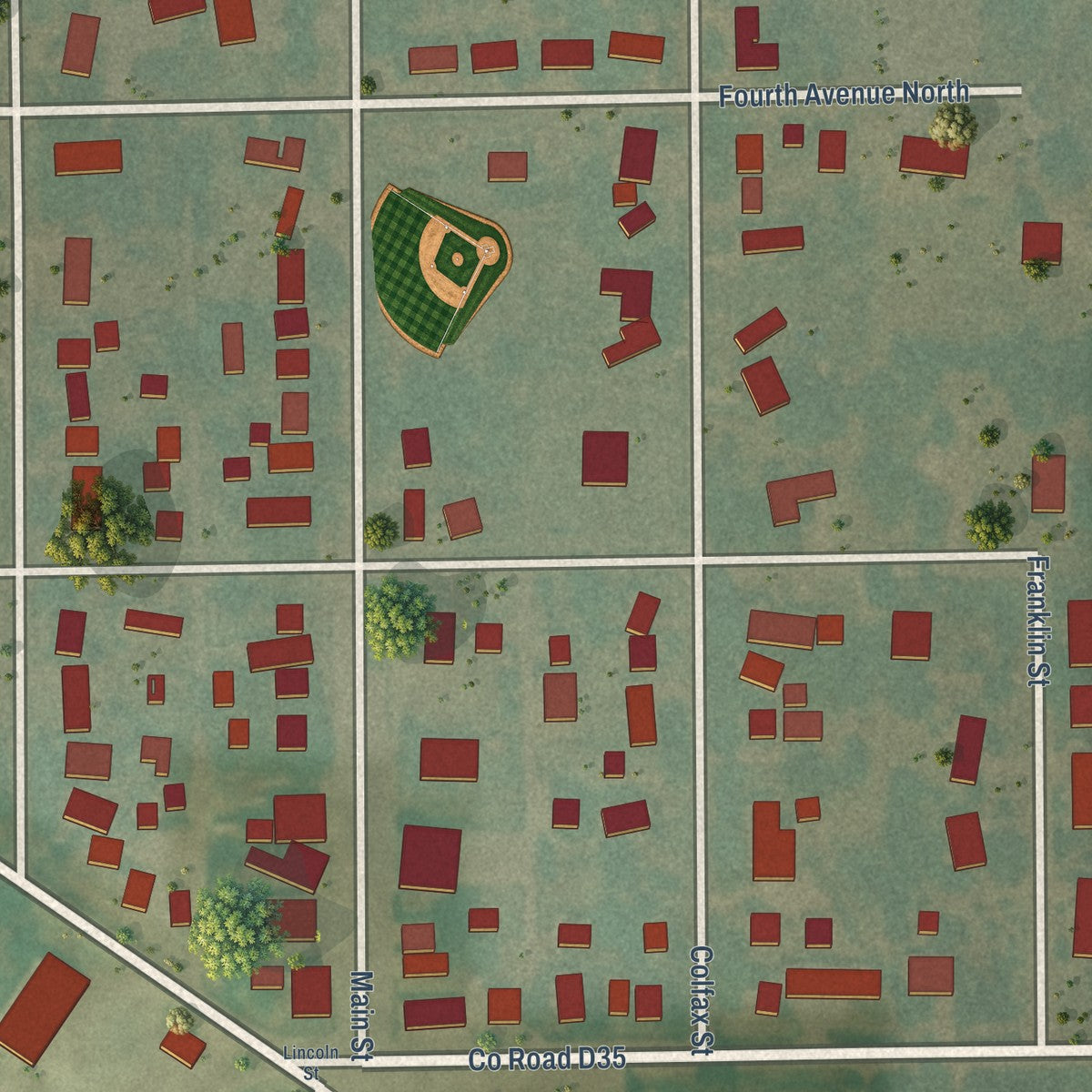 Close-up of the map of Holland, Iowa print showing street and building detail