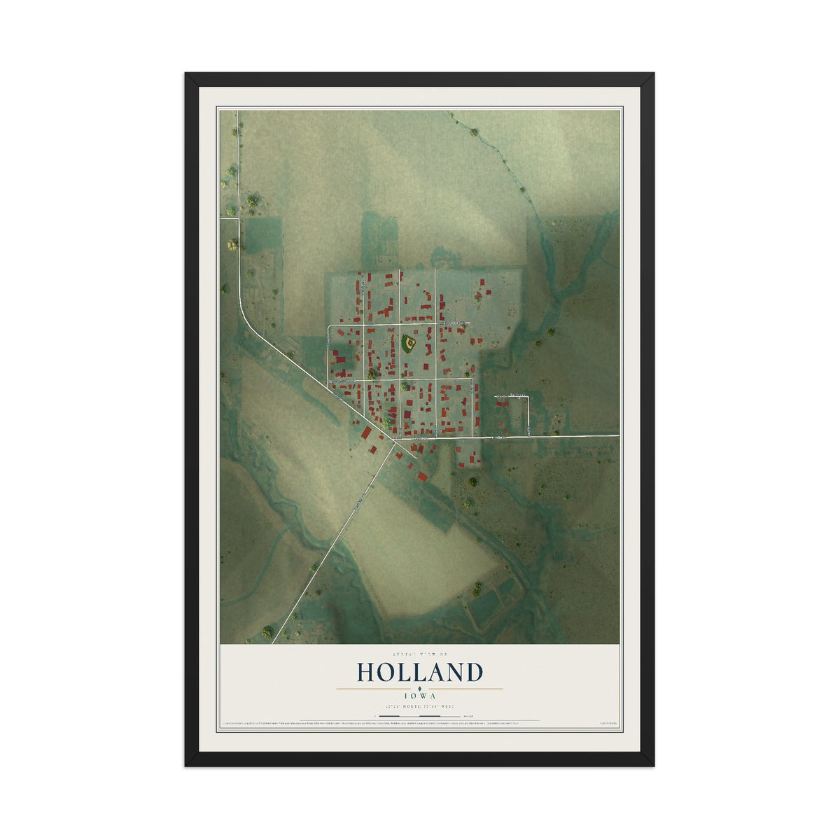 Map of Holland, Iowa, 12 x 18 inch print in a black wood frame